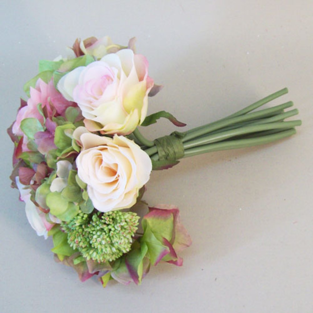 Ella Artificial Roses and Hydrangeas Posy Pink Peach Green 25cm